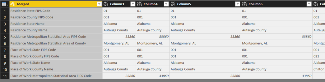 US Census data in Power BI Query Editor: Columns merged
